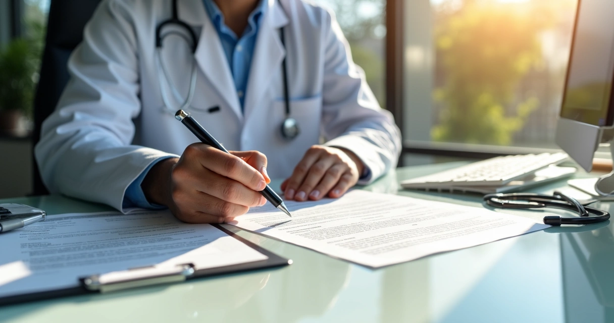 Médico lê contrato de seguro em consultório 