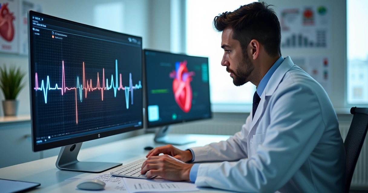 Médico analisando gráfico de Holter em tela de computador 