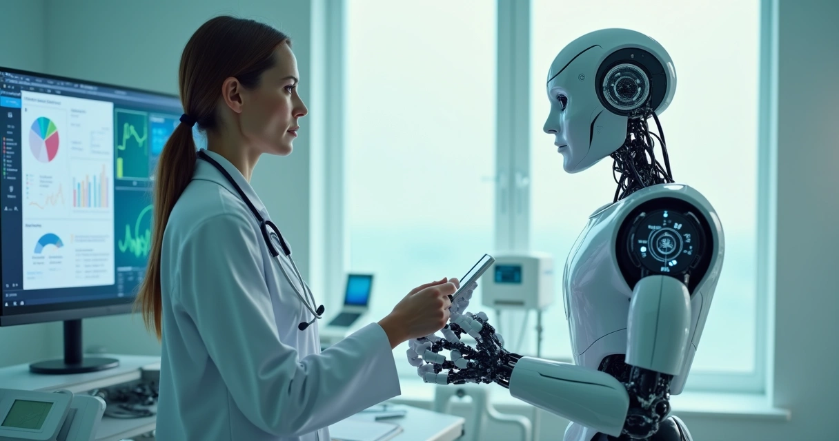 Médico analisa dados de IA com robô ao lado 