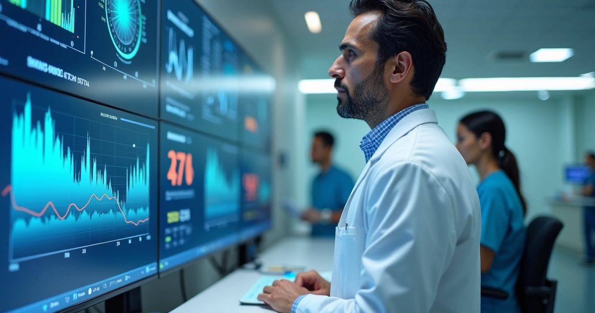 Médico analisa dados em tela com gráficos digitais em hospital 
