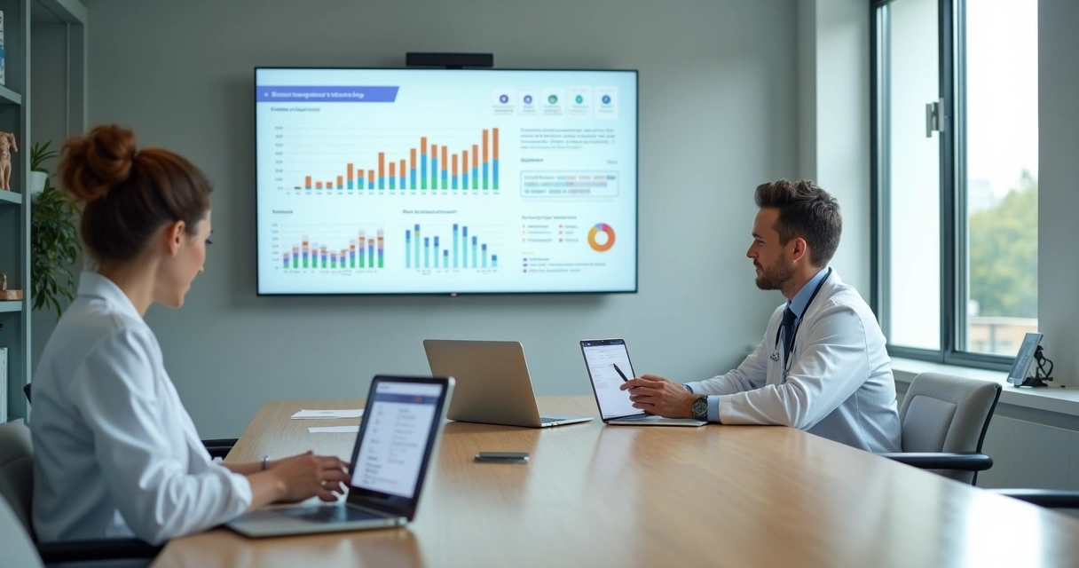 Médico em sala moderna analisando painel digital de marketing na parede 