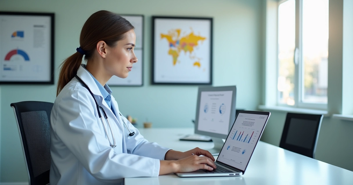 Médico usando notebook em consultório e analisando avaliação online 