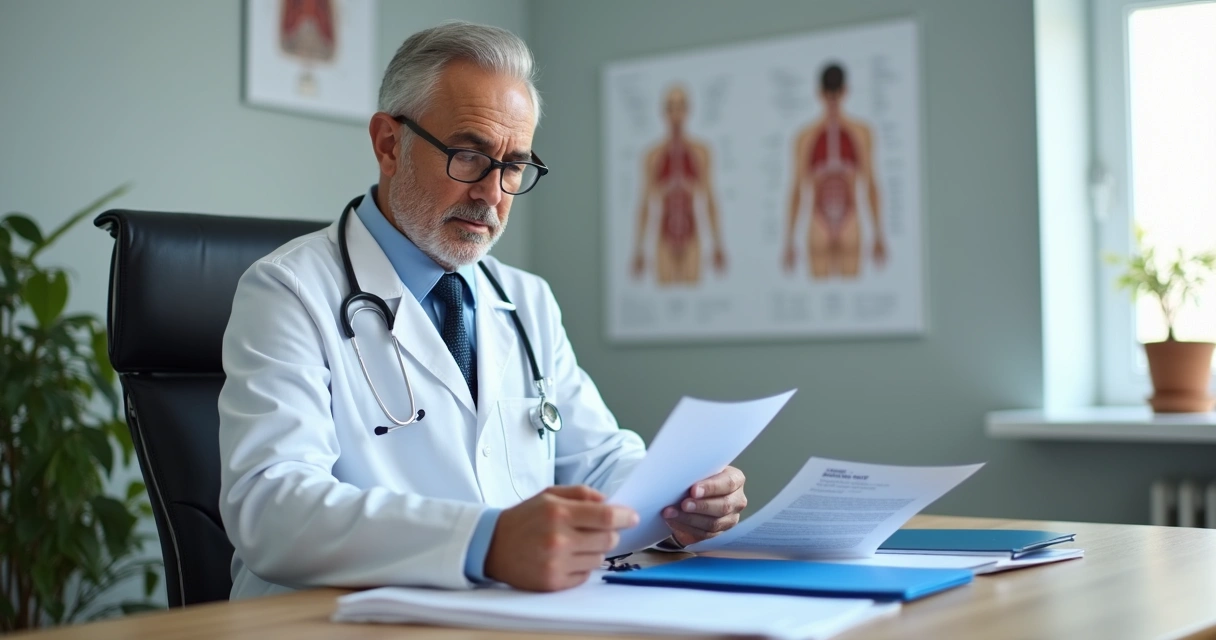 Médico sentado revisando uma papelada e pasta de documentos no consultório 