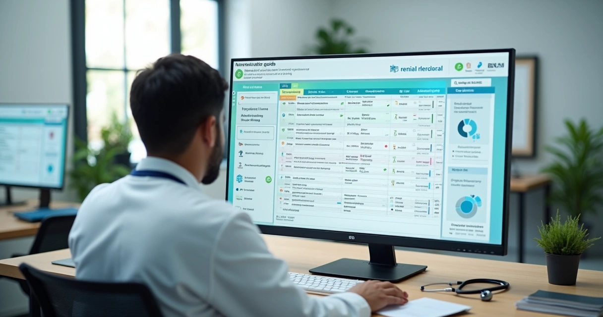 Médico analisando guias de convênios médicos em sistema digital na tela do computador 