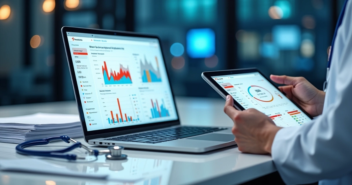 Médico analisando gráficos de campanha digital com alerta de erro na tela 