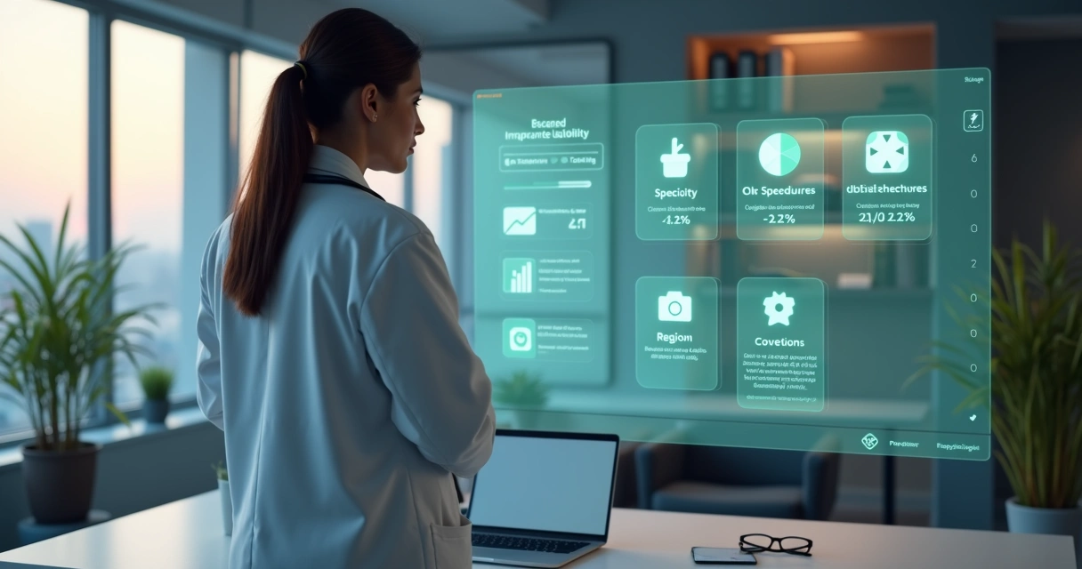 Médico observa painel digital com indicadores de risco profissional 