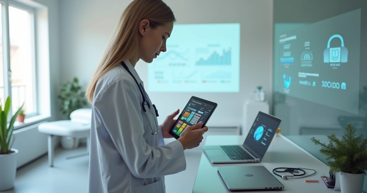 Médico analisando painel de sistema para clínica em tablet em ambiente moderno 