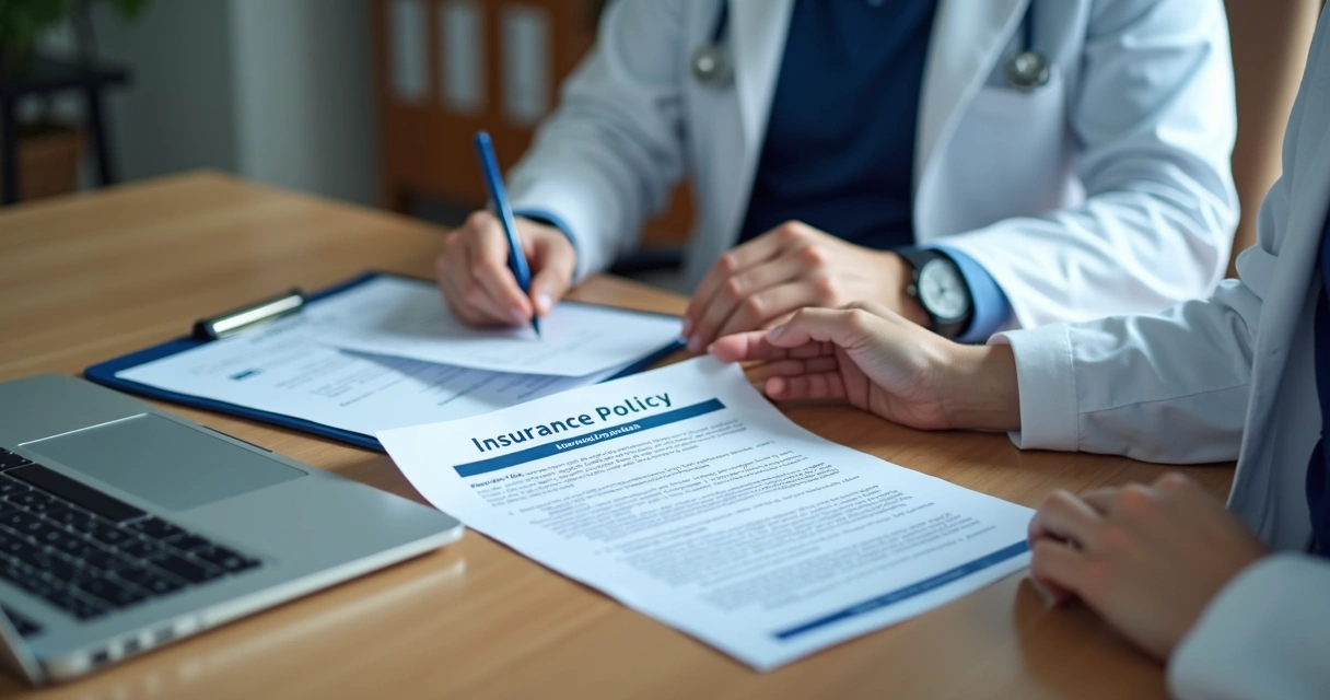 Médico analisando apólice com advogado em escritório