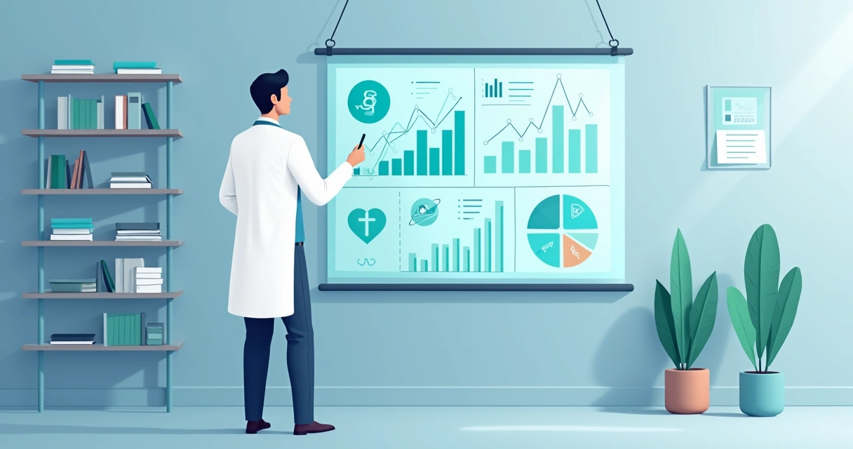 Médico analisando dados digitais com inteligência artificial e gráficos na tela 