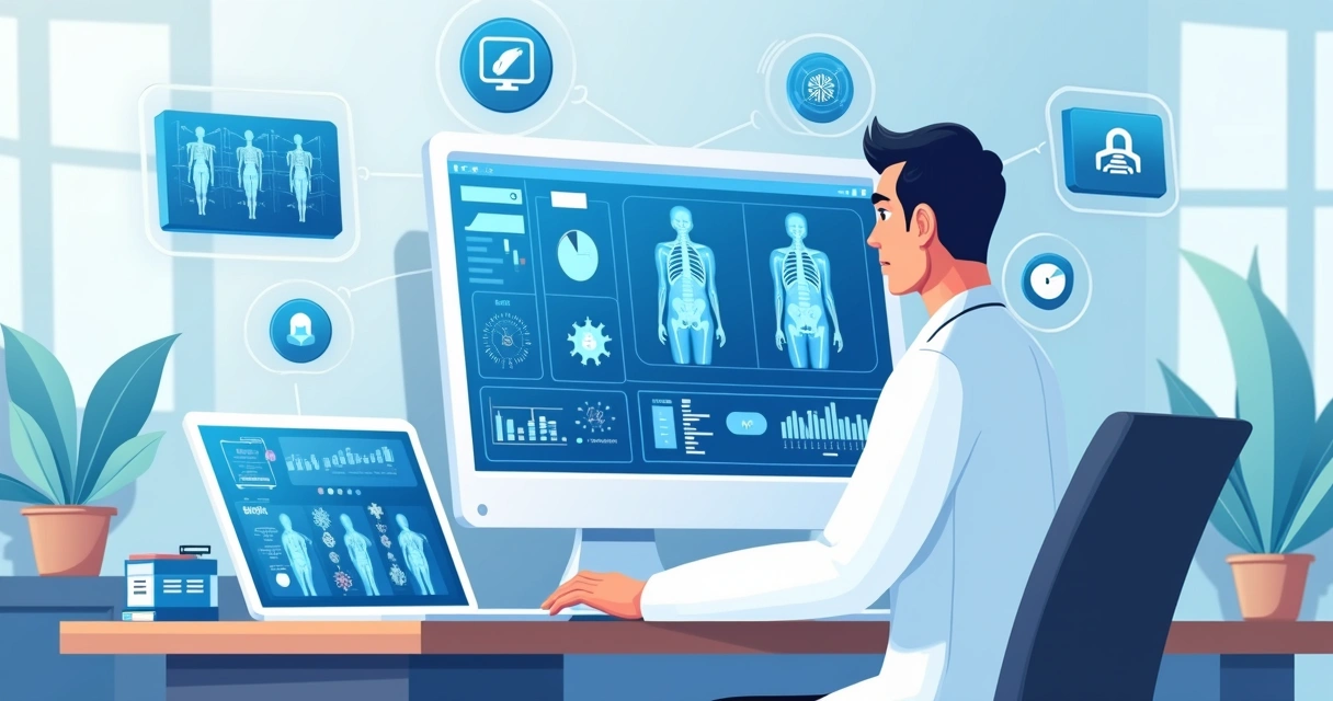 Médico analisando dados de pacientes em tela com IA 