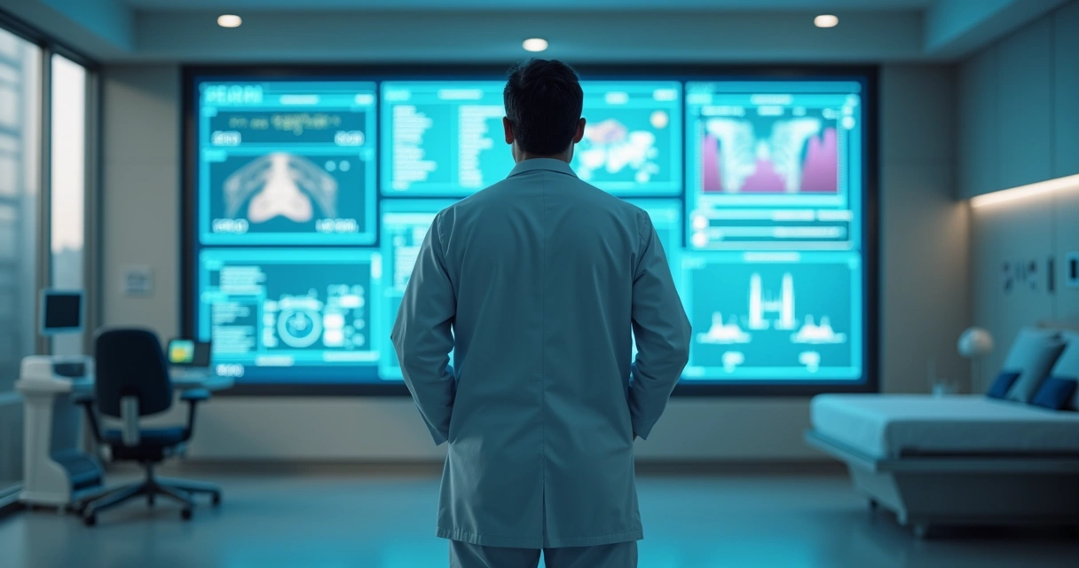 Médico analisando painel de dados clínicos em tempo real 