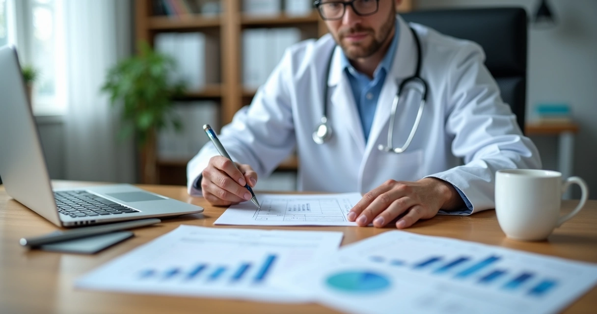 Médico analisando documentos de seguro hospitalar 