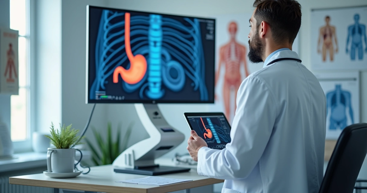 Médico analisando imagens de endoscopia em tela de alta resolução 