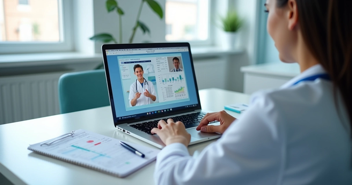 Médico analisando exames em notebook durante teleconsulta