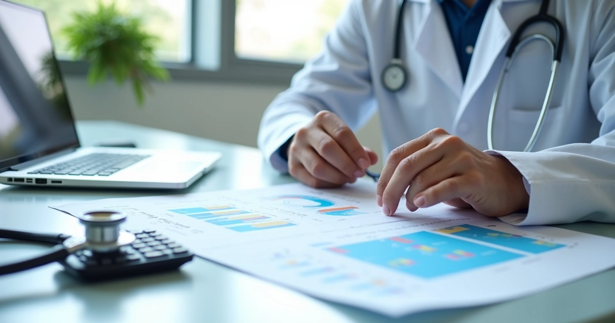 Médico analisando relatórios financeiros no consultório