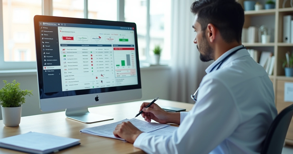 Médico em consultório analisando glosa médica em tela de computador 