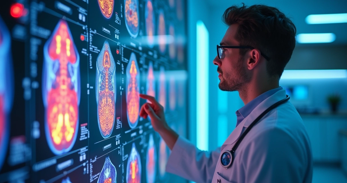 Médico analisando imagens coloridas de medicina nuclear em tela digital de alta resolução 