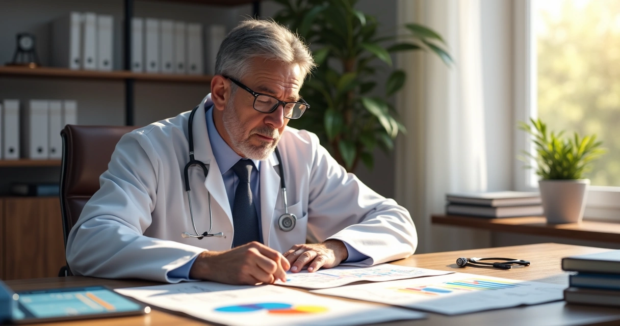 Médico sentado à mesa analisando documentos financeiros e gráficos 