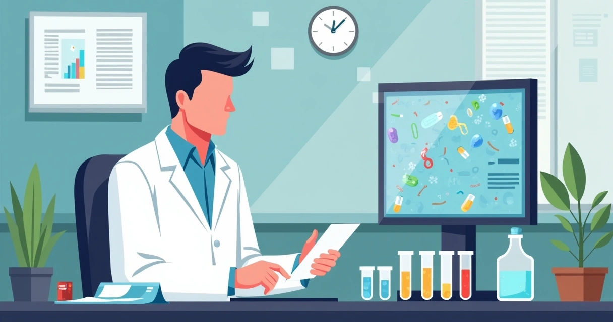 Antibióticos orais na endocardite por Klebsiella hepática: evidências atuais 5 Médico analisa tubos de ensaio com culturas bacterianas em laboratório, mesa com exames e anotações.