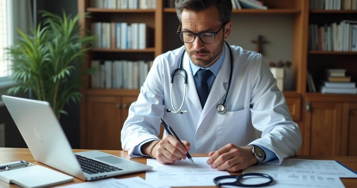 Médico revisando finanças e papéis em mesa de escritório 