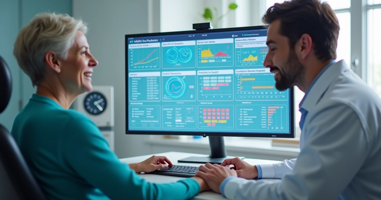 Profissional de saúde analisando relatório de IA na tela com paciente sorrindo ao lado 