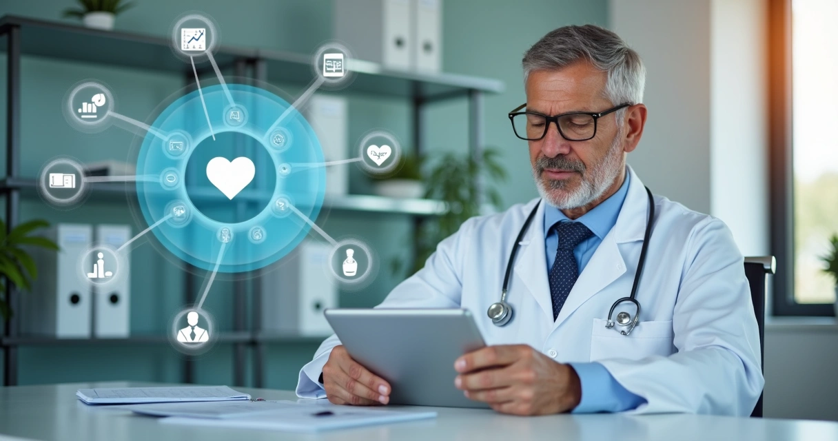 Médico analisando dados digitais em tablet em consultório