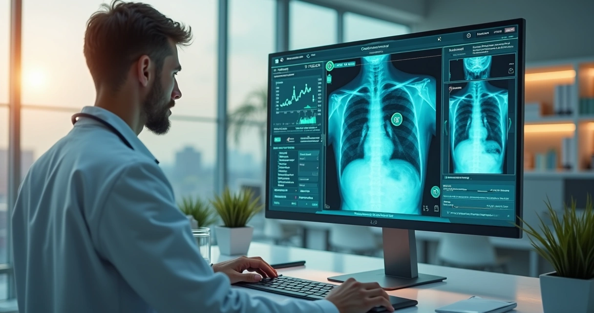 Médico observando monitor com exame médico analisado por inteligência artificial 