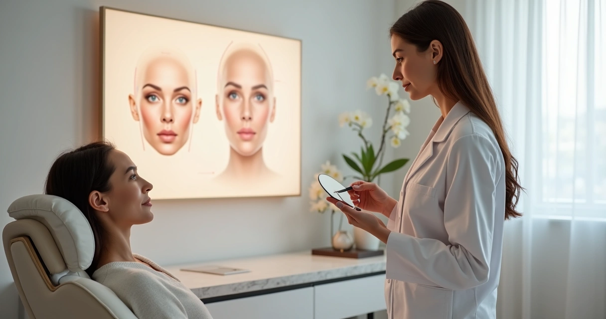 Médico analisando rosto de paciente sentado em cadeira de exame 