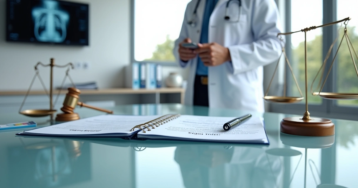 Médico segurando estetoscópio ao lado de símbolo de justiça 
