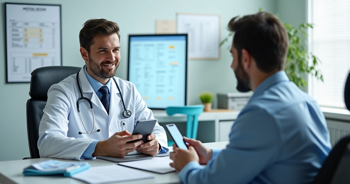 Médico digitando anotações de uma consulta digitalmente 