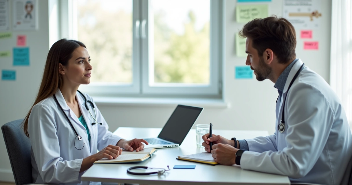 Médico em consultório anotando dúvidas da paciente em um caderno 