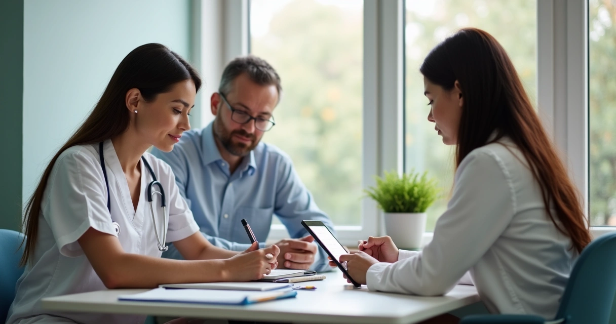 Médico preenchendo prontuário digital enquanto pais observam 