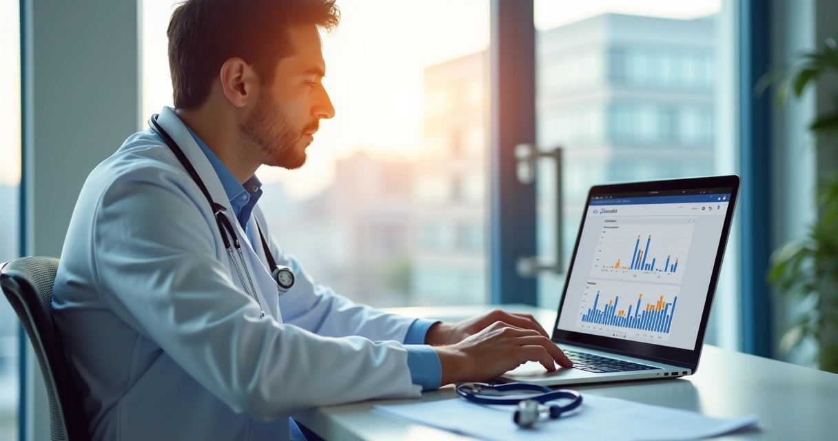 Médico em consultório usando notebook com dashboard de anúncios na tela 