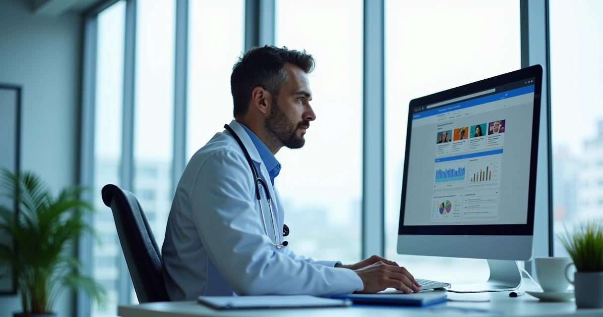 Médico usando computador para criar anúncio 