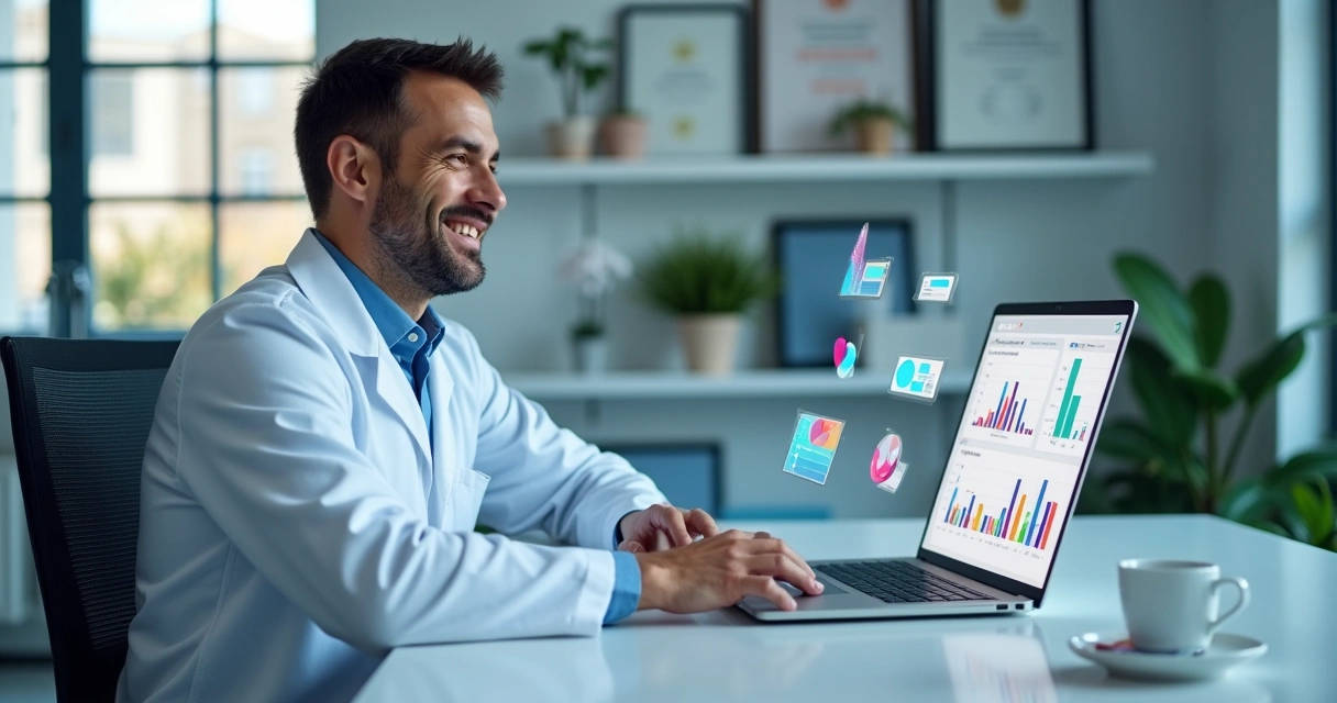 Médico sorridente utilizando notebook e analisando gráficos coloridos em tela 