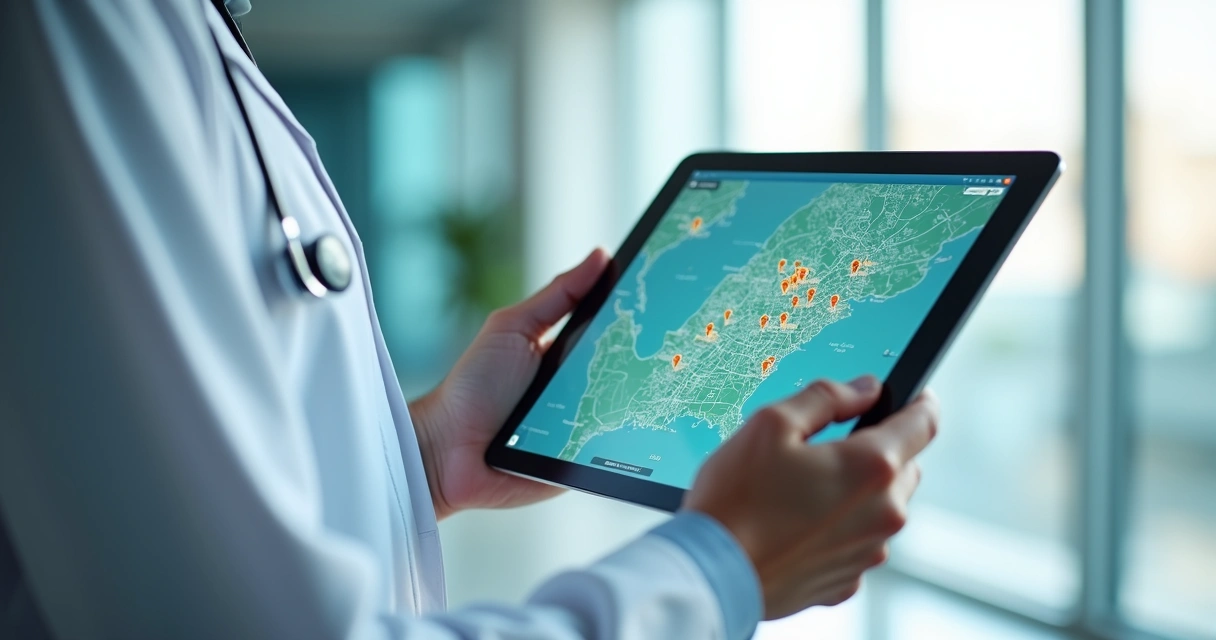 Médico ajustando anúncio em mapa digital focado em localização 