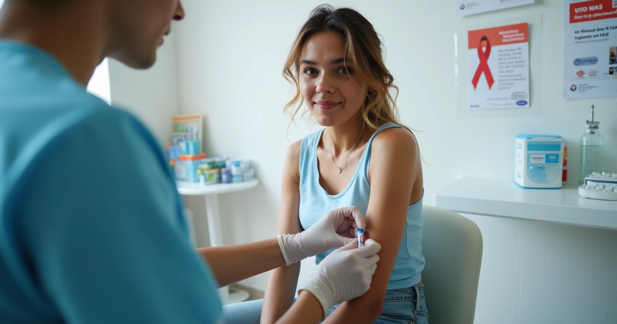 Profissional de saúde realizando aplicação de injeção no glúteo de paciente, ambiente de consultório