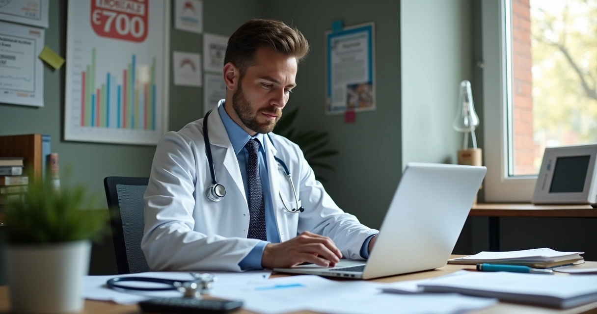 Médico em consultório estudando gráficos e calculadora