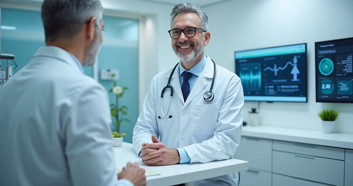 Médico apresentando recursos e ambiente moderno de consultório 