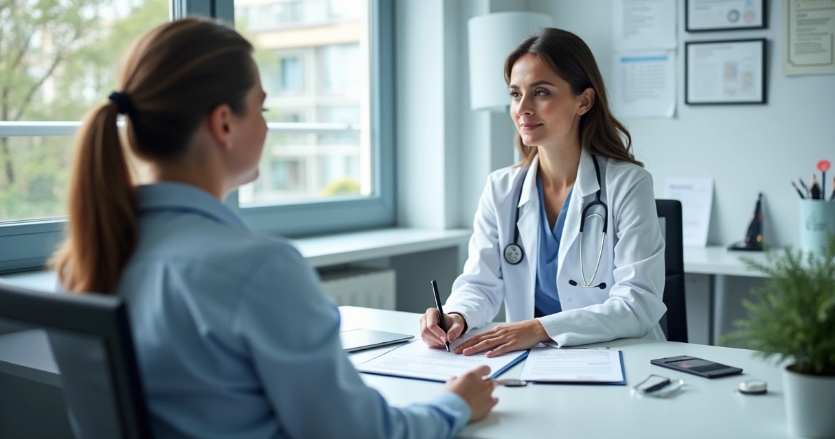 Médico assinando um termo em consultório clínico, paciente observa com atenção, ambiente claro e moderno.