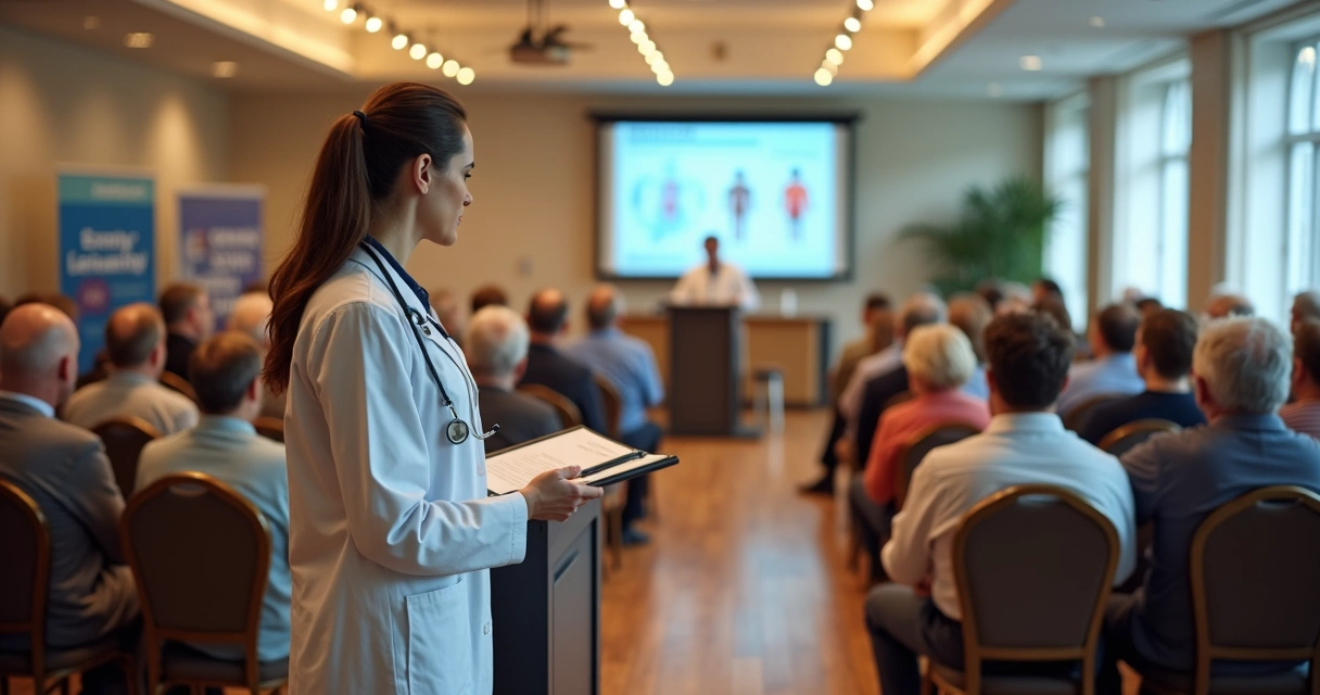 Médico realizando palestra em evento de saúde local 