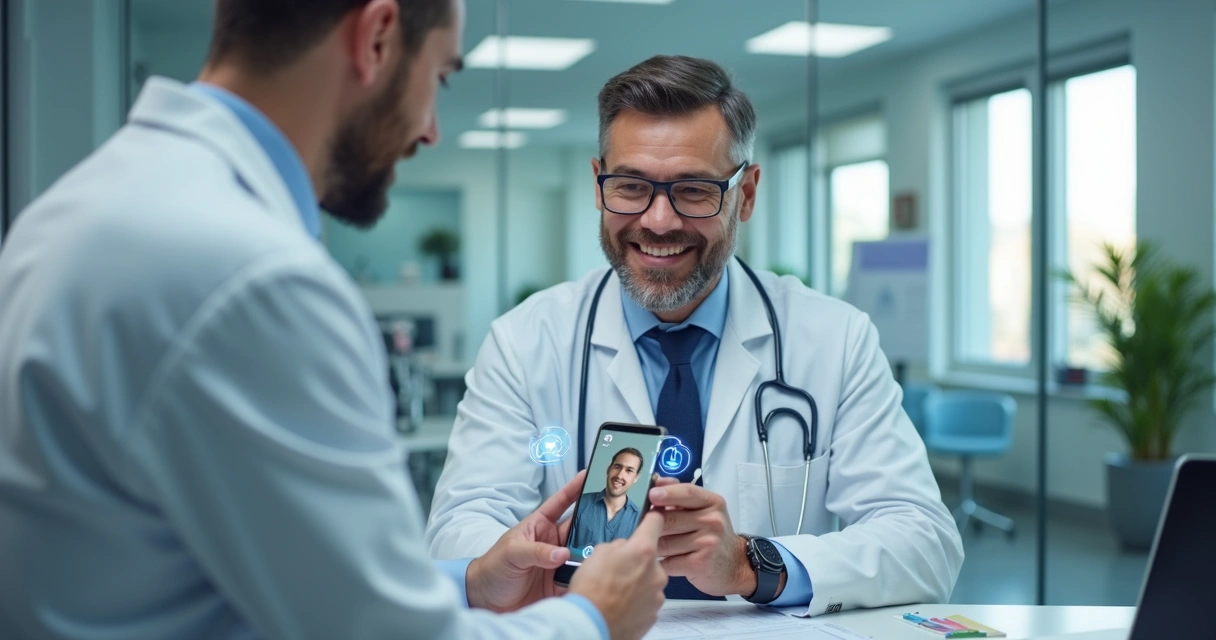 Médico atendendo paciente via aplicativo móvel em ambiente clínico moderno e iluminado 