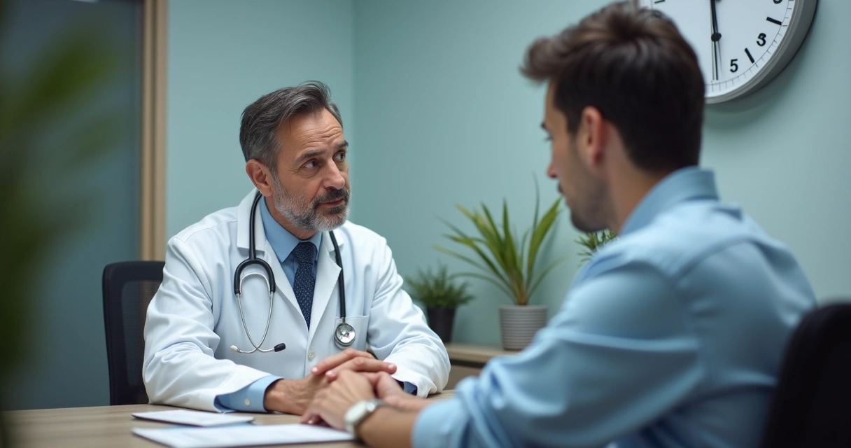 Médico atendendo paciente com semblante apressado numa clínica 