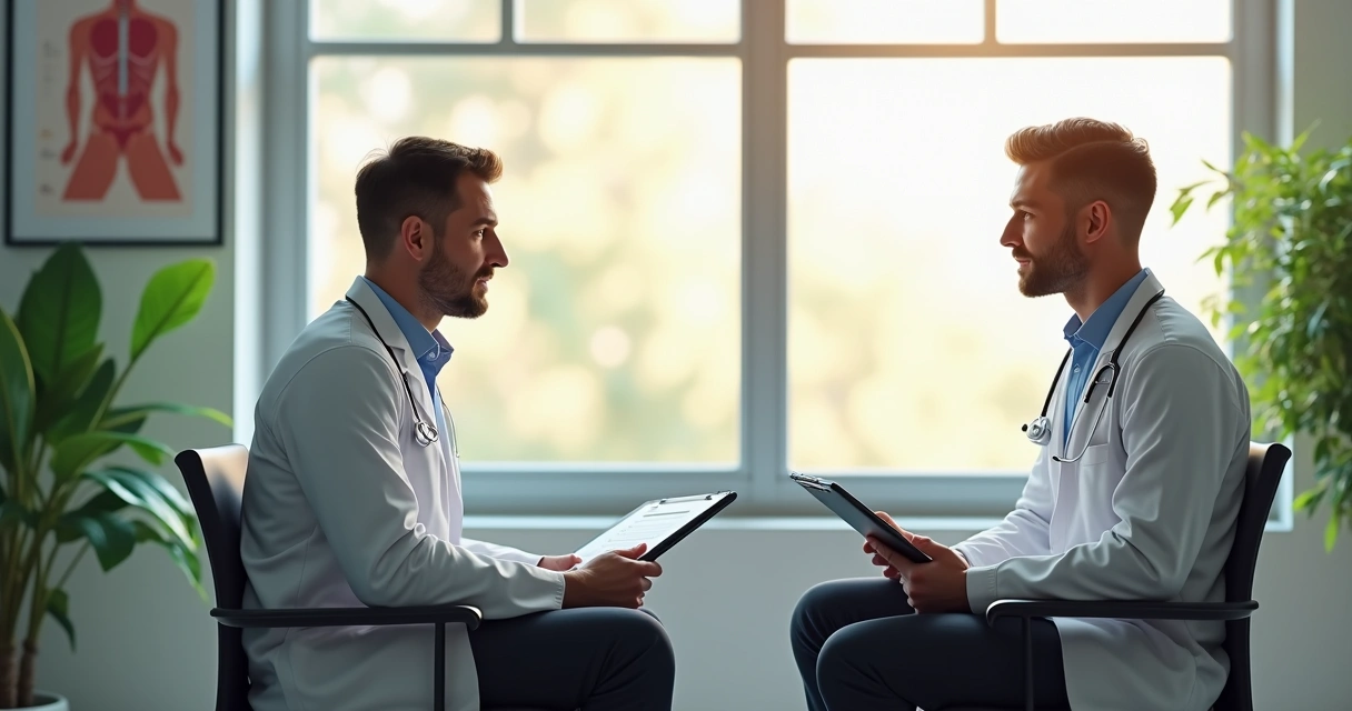 Médico conversando com paciente em consultório