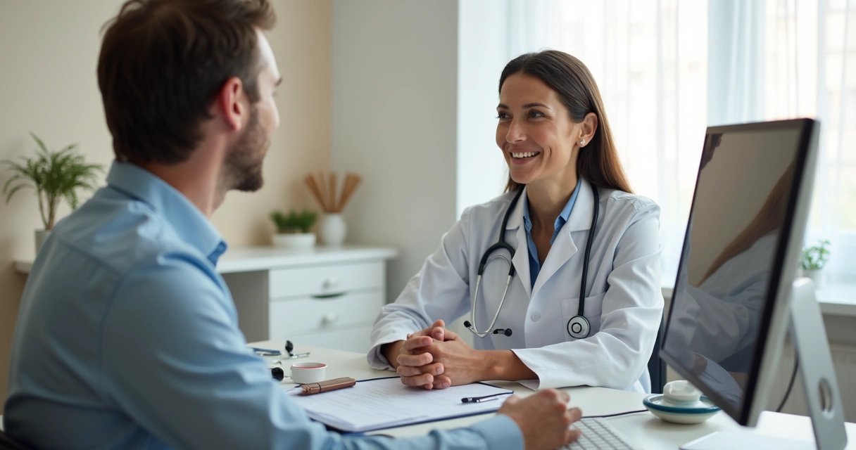 Médico orientando paciente em consulta com ambiente acolhedor 