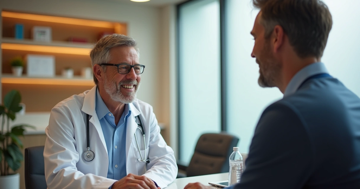 Médico sorrindo durante atendimento humanizado 