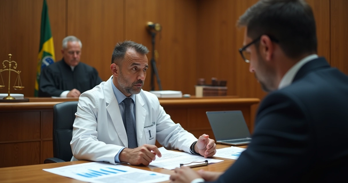 Médico sente diante de juiz avaliando cálculo de indenização por erro médico 