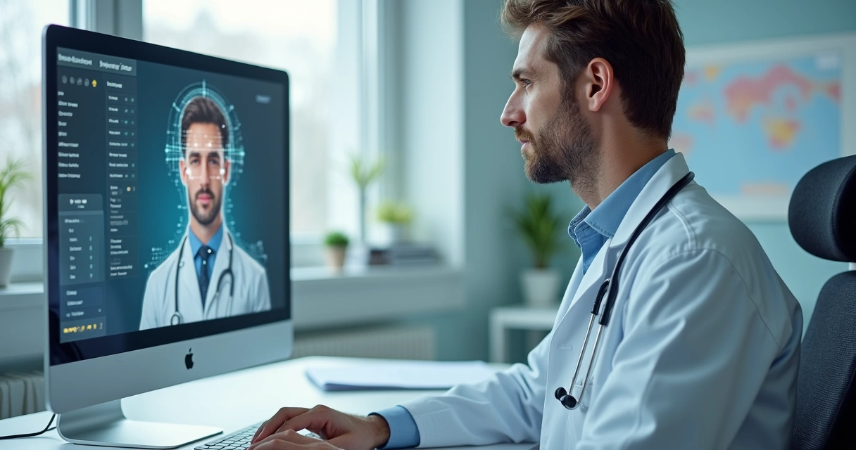 Médico validando acesso com autenticação biométrica facial em laptop 