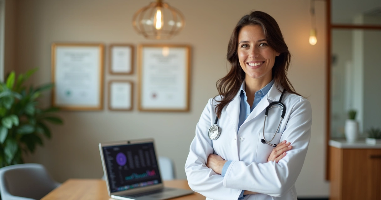 Médico de jaleco transmitindo autoridade em consultório moderno 