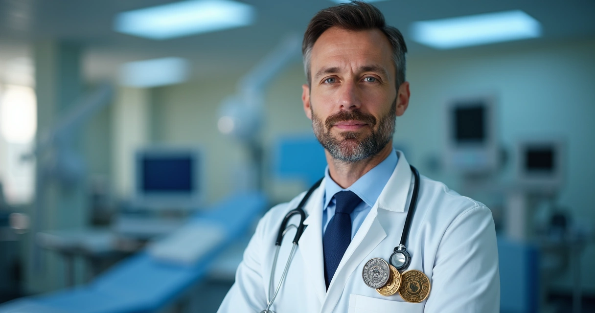 Médico com jaleco, medalhas e cenário de clínica moderna